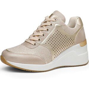 Cestfini Women Black Gold High Heeld Lace Up Daily Wear Sneaker for Casual